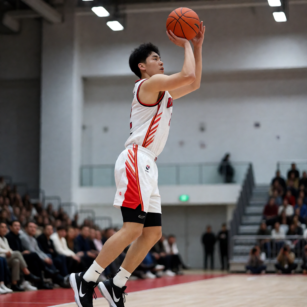 东城飞翼篮球球员在球馆中完成外线跳投